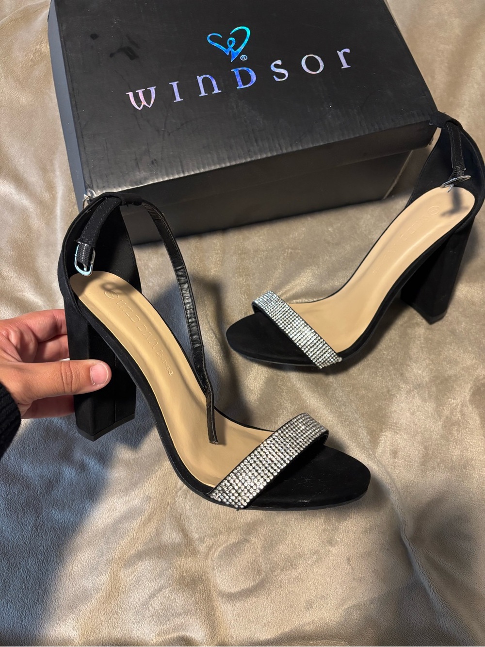 Windsor Black Crystal Strap Block Heel Sandals